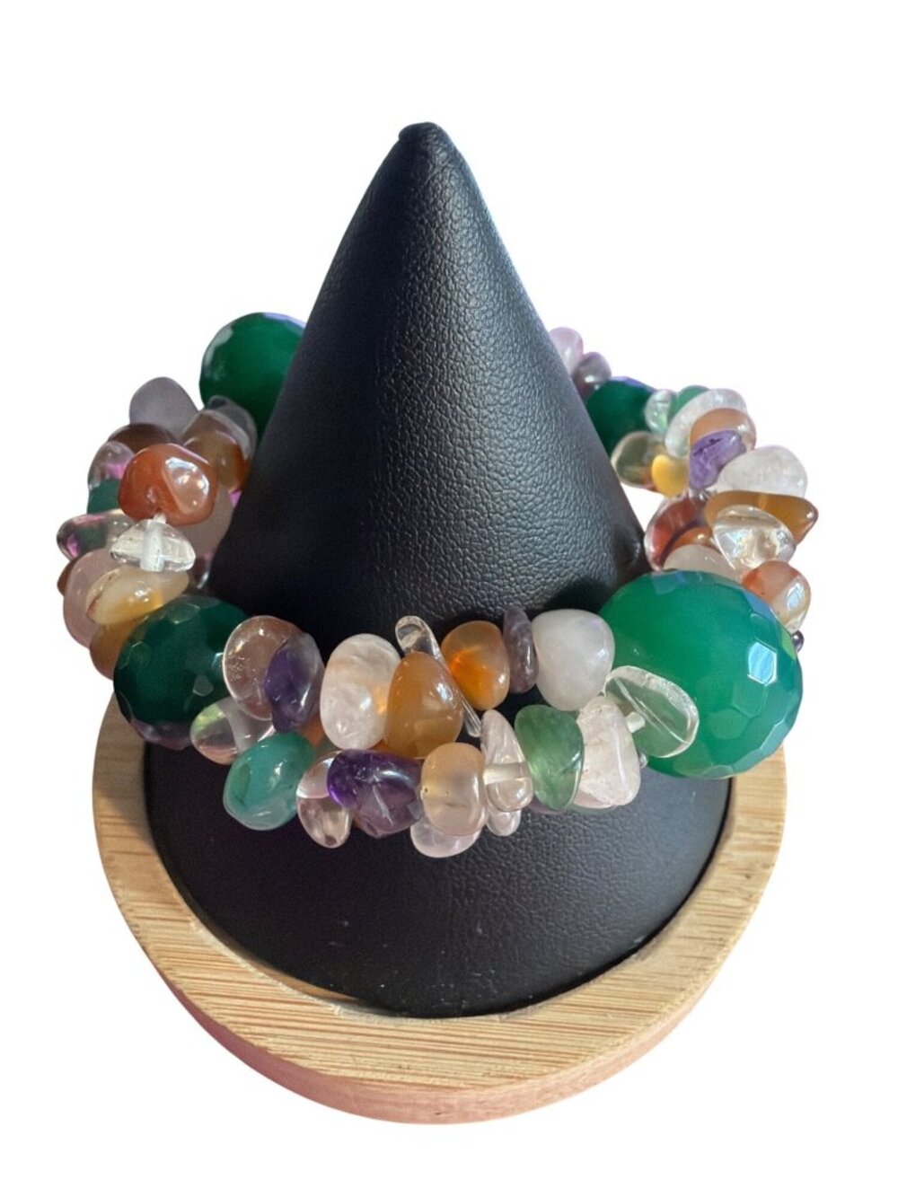 Vintage Multi Stone Chip Stretch Bracelet Nephrite Amethyst Quartz Estate 6.25"